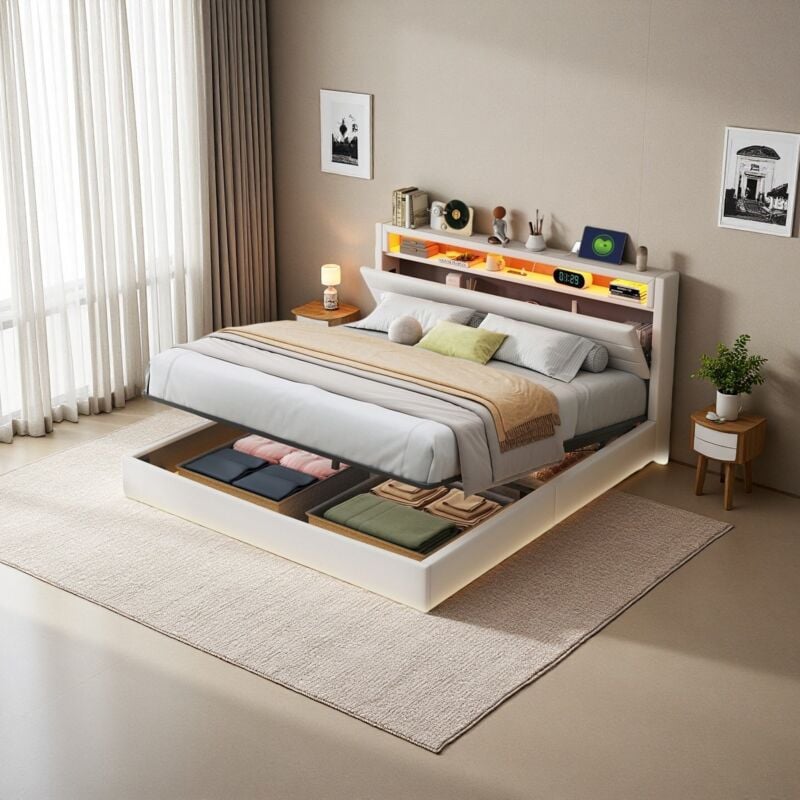 foto del prodotto letti contenitori 160x200cm letti matrimoniale per adulti, testiera con funzione contenitore, usb, led, lino, senza materasso, beige