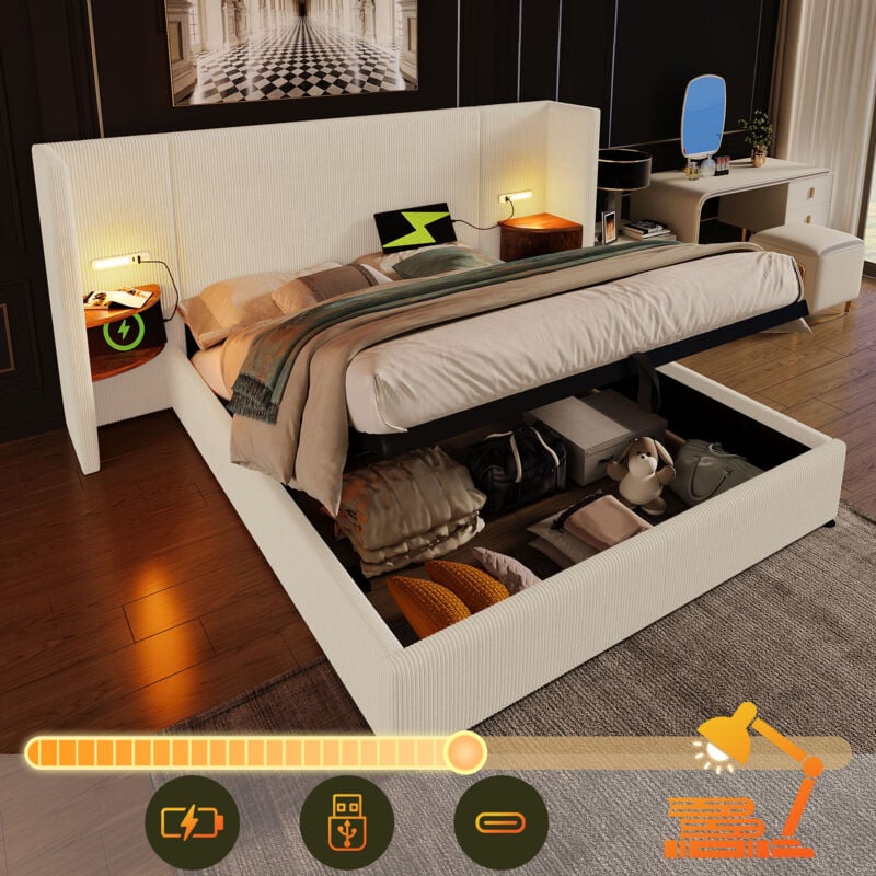 foto del prodotto letti contenitori 160x200cm, letti per adulti, letti matrimoniale, comodino con luce di lettura e ripiano portaoggetti, usb e type c, velluto a