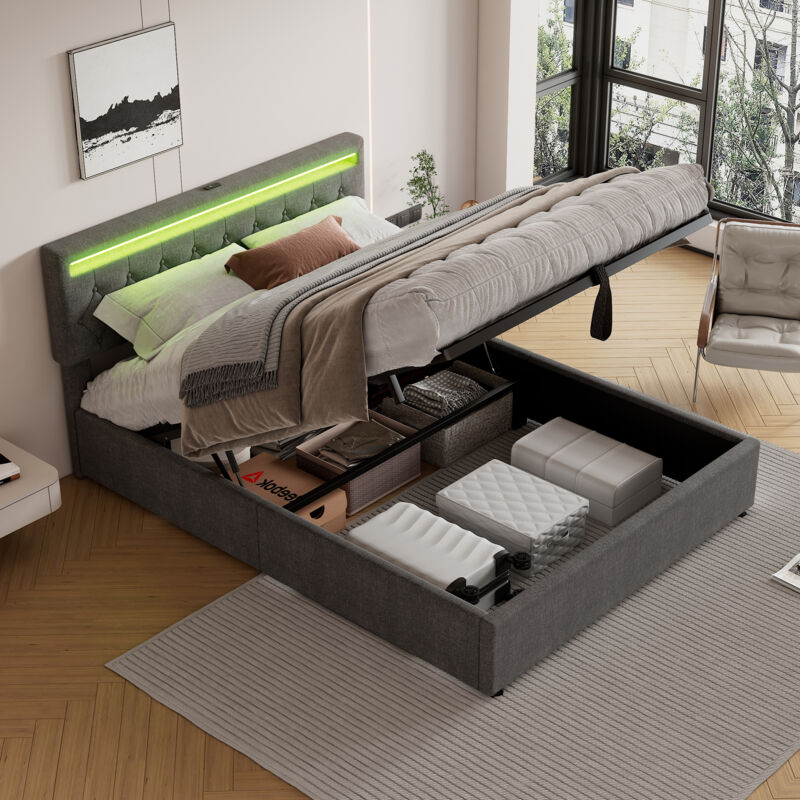 foto del prodotto letti contenitori 160x200cm letti per adulti, letti matrimoniale, led con telecomando, usb-c, lino, senza materasso, grigio