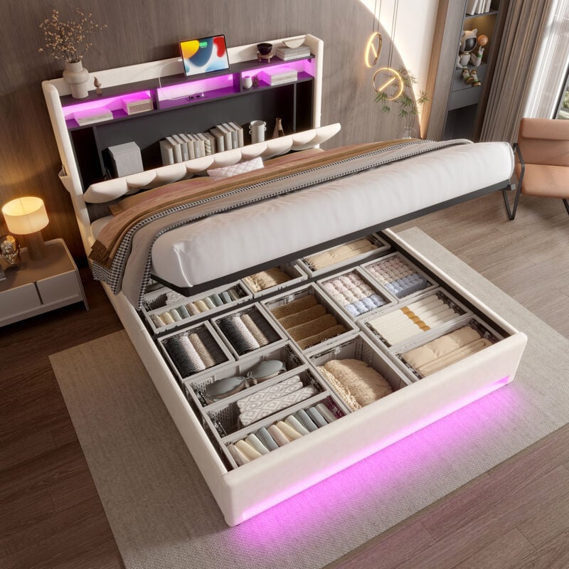 foto del prodotto letti contenitori 160x200cm, senza materasso, letti adulto, usb, letti matrimoniale led, velluto, idraulico, beige