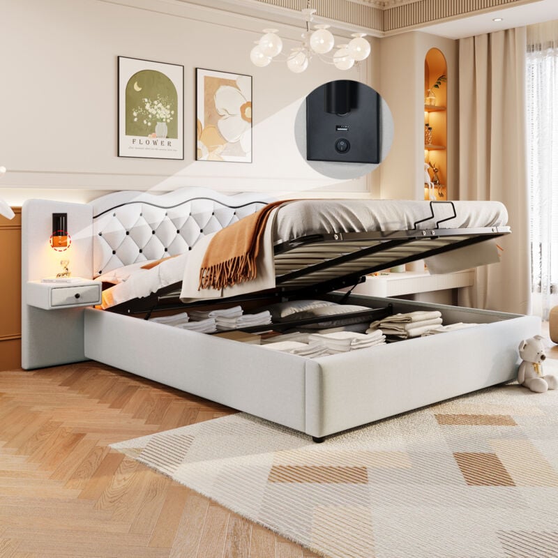 foto del prodotto letti contenitori 180x200cm letti matrimoniale, letti per adulti, testiera allungata con comodini, usb, 2 lampade da comodino, idraulico, lino, senza