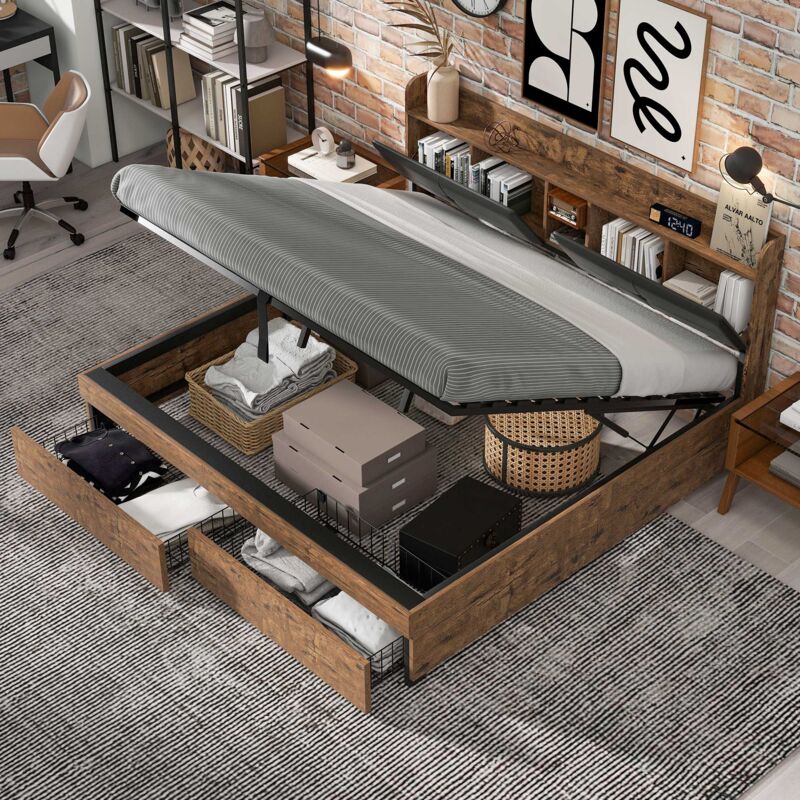 foto del prodotto letti contenitori 180x200cm letti matrimoniale per adulti, 2 cassetti, testiera con contenitore, idraulico, mdf e metallo, senza materasso,