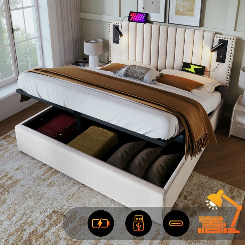 foto del prodotto letti contenitori 180x200cm letti matrimoniale per adulti bambini , testiera con luce di lettura, usb, cotone, senza materasso, beige