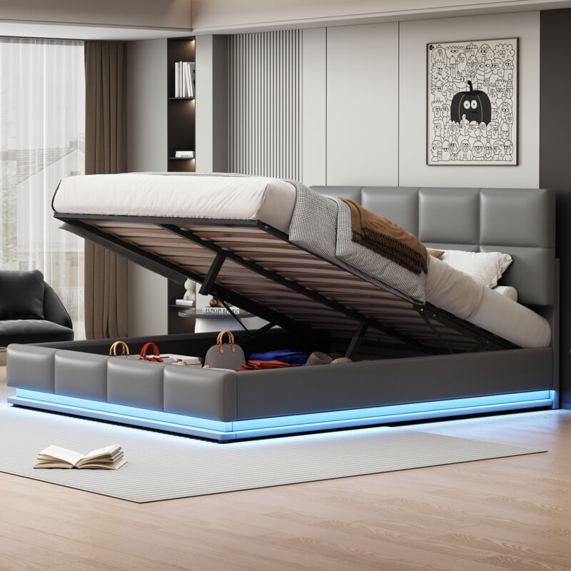 foto del prodotto letti contenitori 180x200cm letti matrimoniale per adulti, idraulico, led, rete a doghe, pu, senza materasso, grigio
