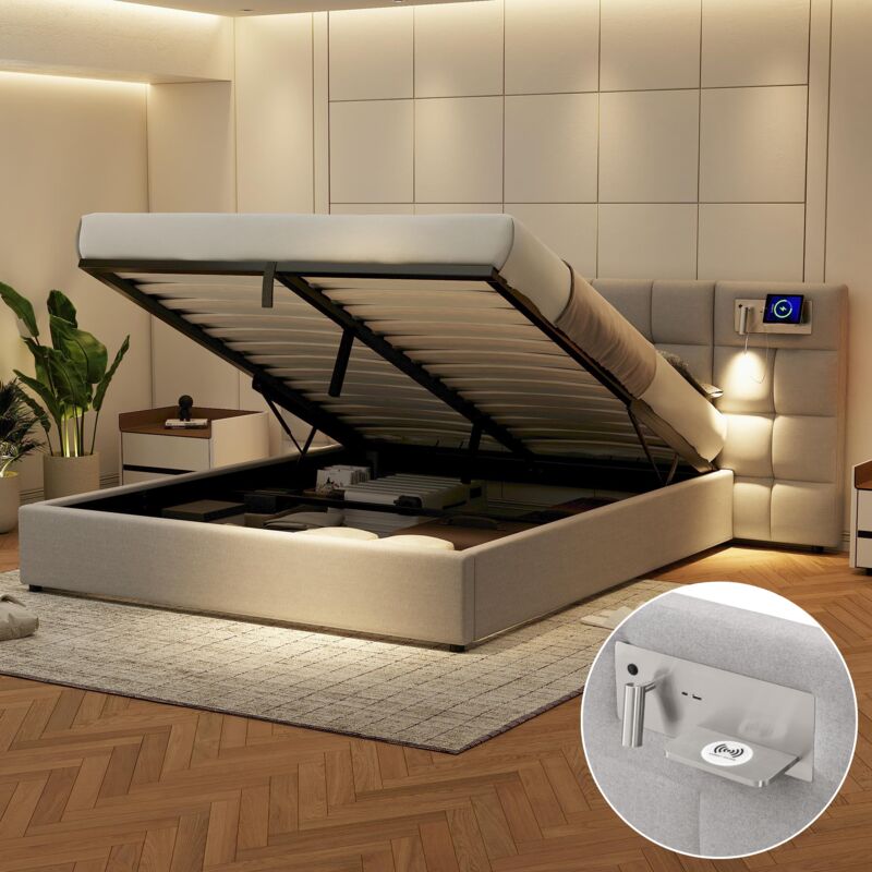 foto del prodotto letti contenitori 180x200cm letti matrimoniale per adulti, testiera allargata, con luce di lettura, usb, idraulico, senza materasso, lino, grigio
