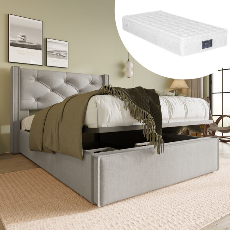 foto del prodotto letti contenitori 90x200 cm, letti singoli per adulti bambini, rete a doghe, cotone, materasso incluso, beige grigio
