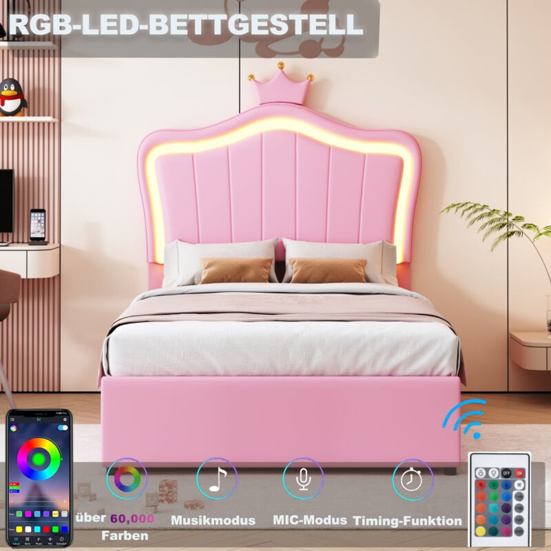 foto del prodotto letti contenitori 90x200cm letti per adulti bambini, letti singoli, testiera regolabile in altezza, led, pu, rosa