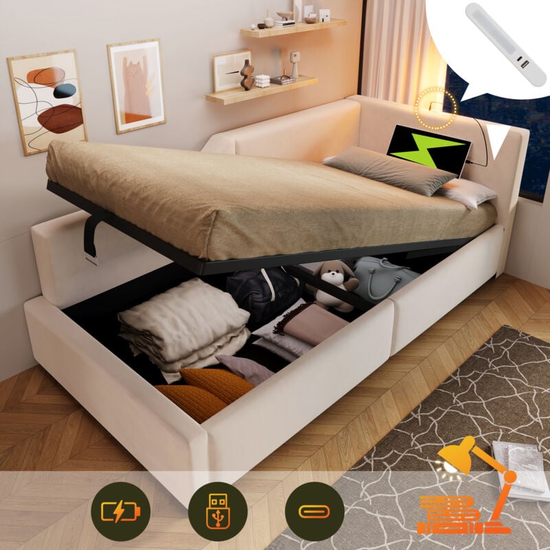 foto del prodotto letti contenitori 90x200cm letti per bambini, letti singolo, idraulico, con usb e luce di lettura, legno, senza materasso, beige