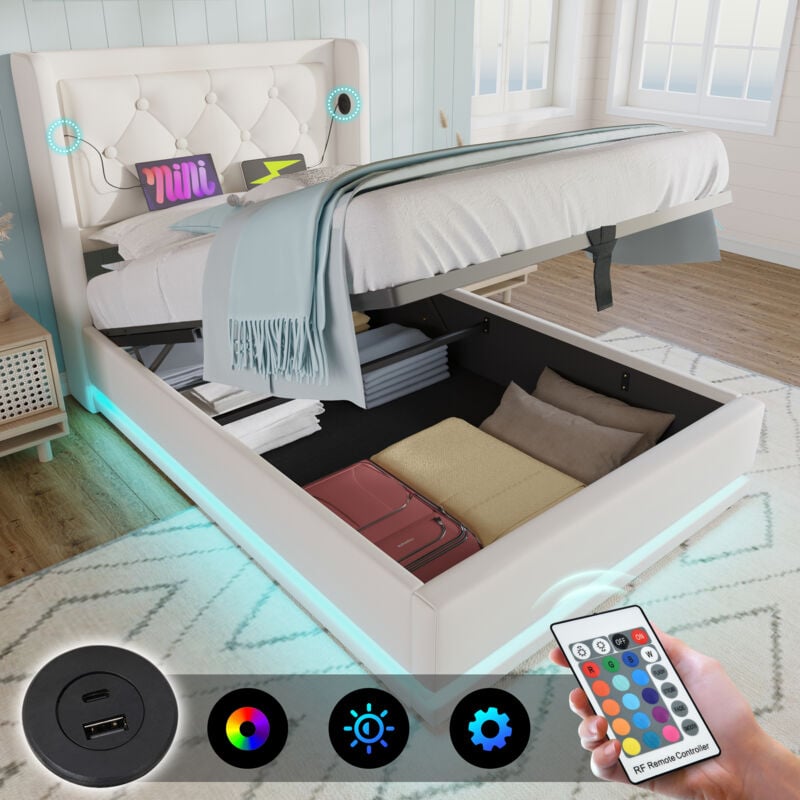 foto del prodotto letti contenitori 90x200cm letti singoli per adulti bambini , idraulico, usb, led, pu, senza materasso, bianco