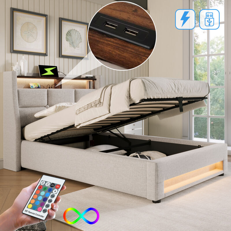 foto del prodotto letti contenitori 90x200cm per bambini adulti, usb, led, lino, senza materasso, beige