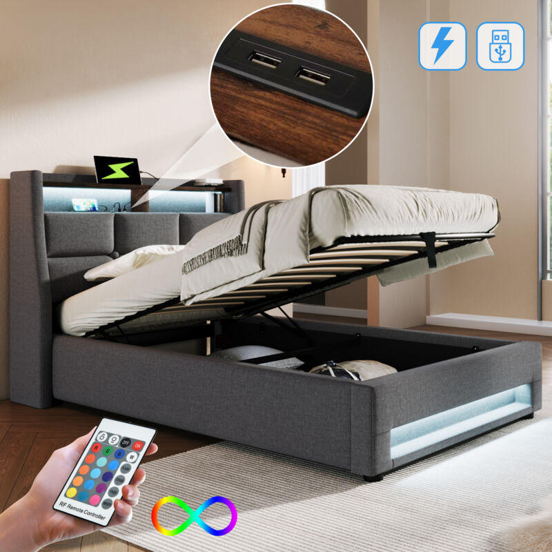 foto del prodotto letti contenitori 90x200cm per bambini adulti, usb, led, lino, senza materasso, grigio