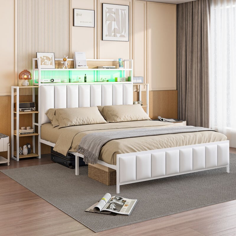 foto del prodotto letti contenitori con cassetti, led, vani portaoggetti su entrambi i lati del comodino, struttura in ferro, letto per adulti 140x200 cm, bianco b