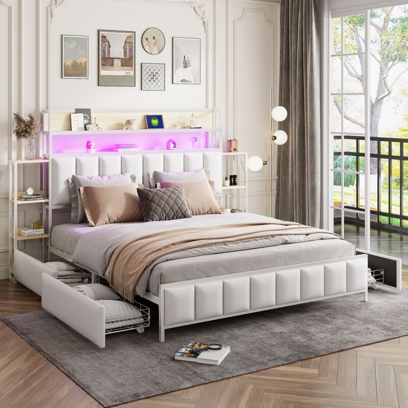 foto del prodotto letti contenitori con cassetti, led, vani portaoggetti su entrambi i lati del comodino, struttura in ferro, letto per adulti 160x200 cm, bianco a