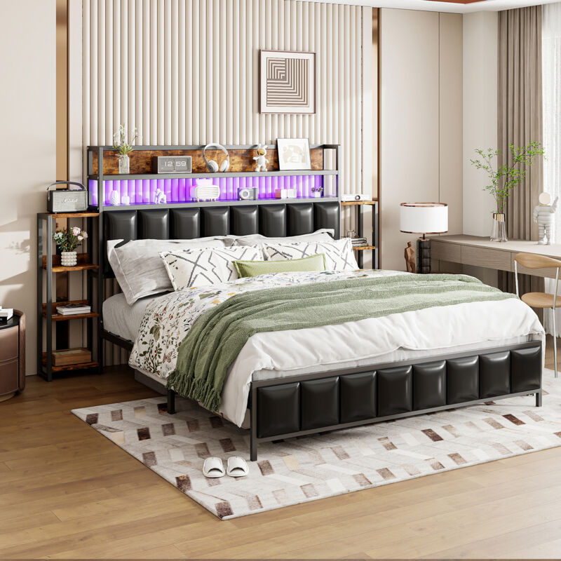 foto del prodotto letti contenitori con cassetti, led, vani portaoggetti su entrambi i lati del comodino, struttura in ferro, letto per adulti 160x200 cm, nero b