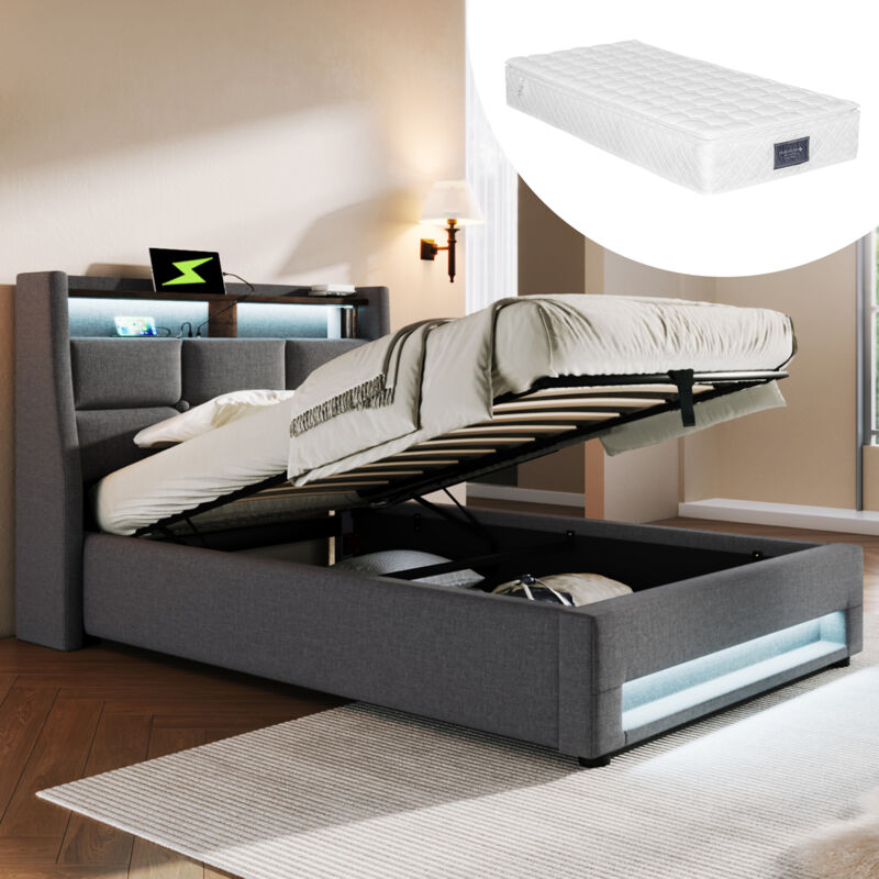 foto del prodotto letti contenitori con materasso, letti per adulti, rete a doghe, usb, led, lino, 90x200 cm, grigio scuro