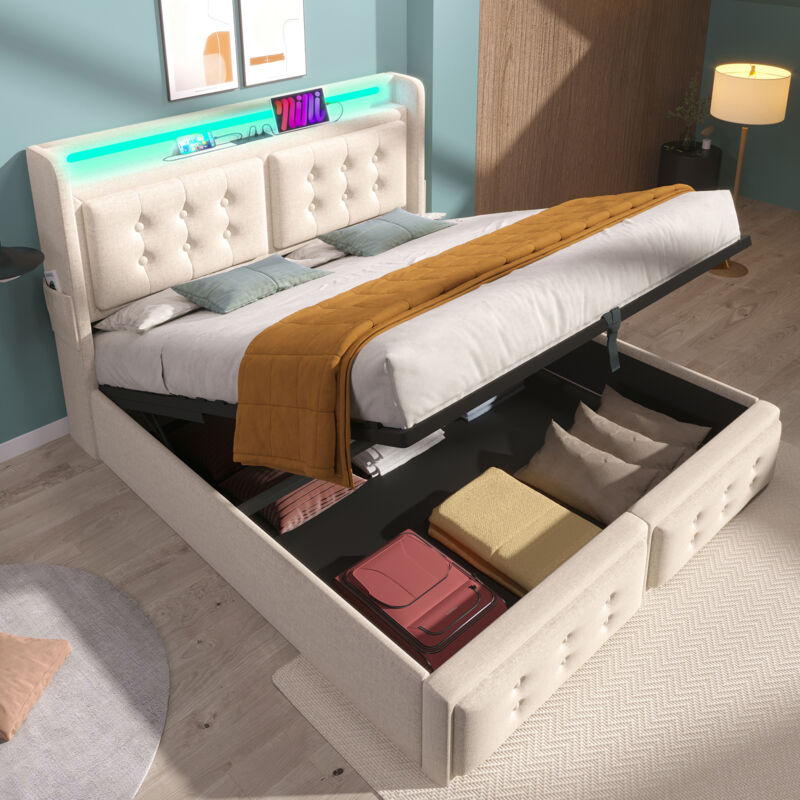 foto del prodotto letti contenitori, cotone e lino, letti per adulti, idraulici, usb, led, rete a doghe, senza materasso, beige, 160x200 cm