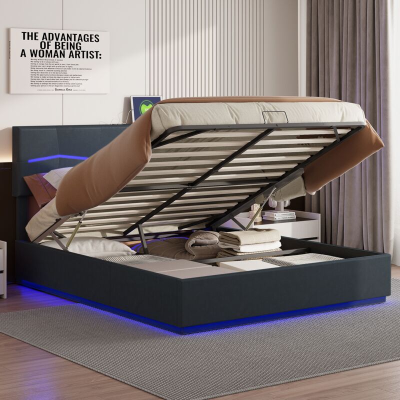 foto del prodotto letti contenitori imbottito 160x200 cm con testiera led, rete a doghe, tiranti idraulici, rete e rete a doghe in metallo, base in metallo, letto