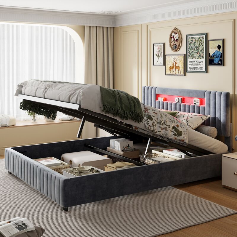 foto del prodotto letti contenitori imbottito 160x200 cm testiera imbottita con illuminazione a led, letto matrimoniale con contenitore idraulico, rete a doghe,