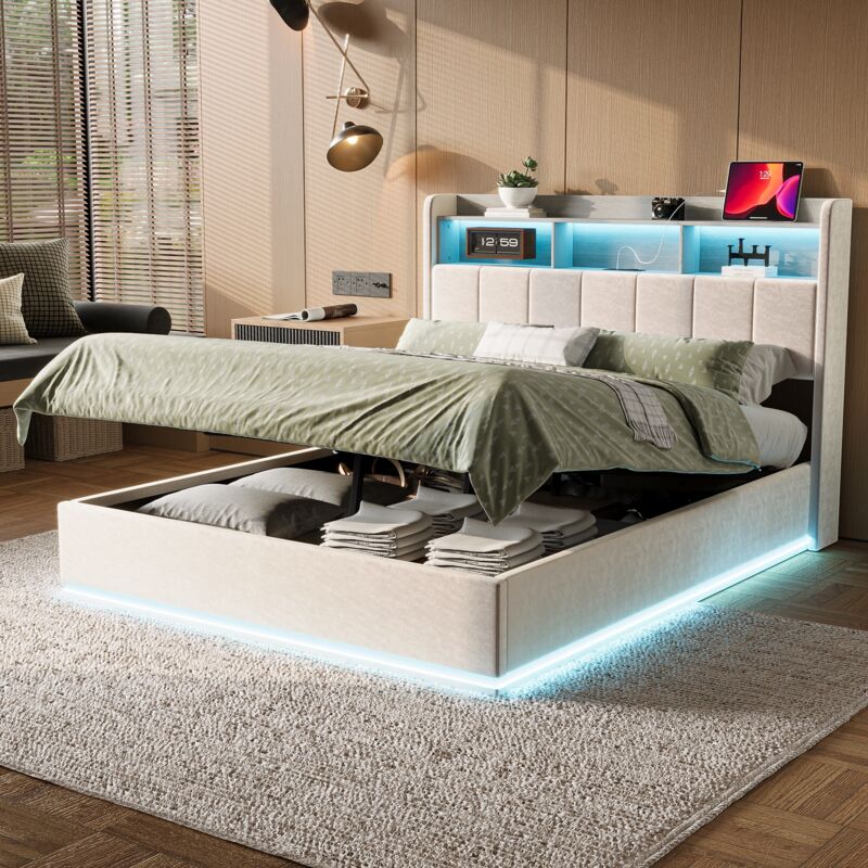 foto del prodotto letti contenitori imbottito 160x200cm, velluto, testiera contenitore con porta di ricarica usb e tpcy, illuminazione led, rete a doghe, bianco
