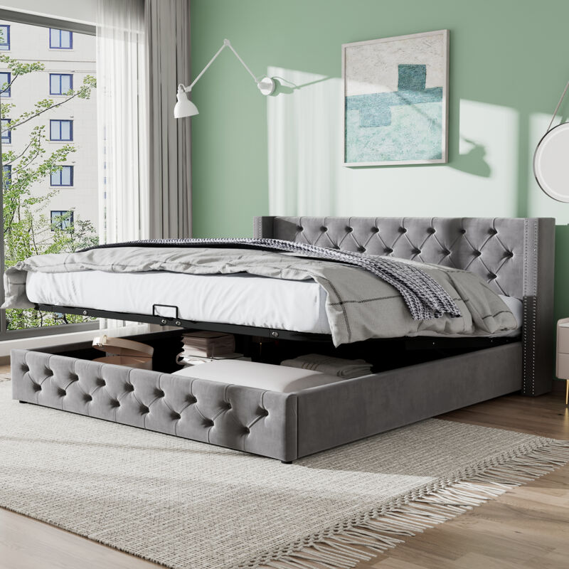 foto del prodotto letti contenitori imbottito, doppia fila di rivetti, letto matrimoniale, velluto, 140x190 cm, grigio, senza materasso
