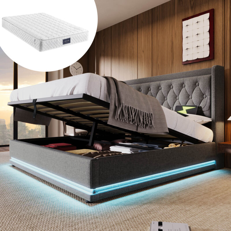 foto del prodotto letti contenitori in cotone, letti per adulti, idraulico, usb, led, 160x200 cm, grigio, materasso incluso