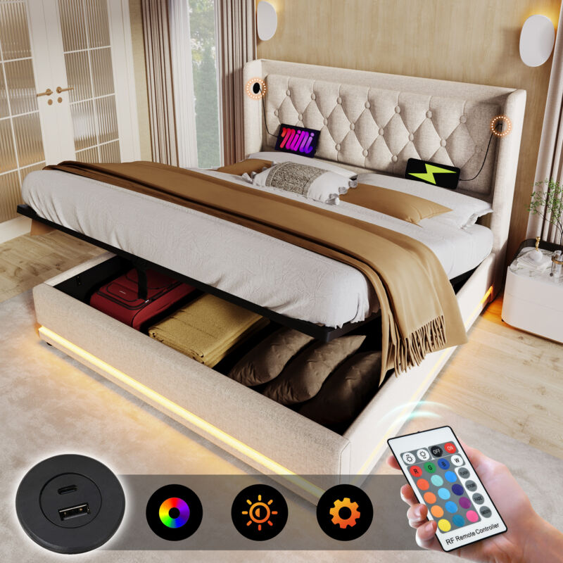 foto del prodotto letti contenitori in cotone, letti per adulti, idraulico, usb, led, 180x200 cm, beige, senza materasso