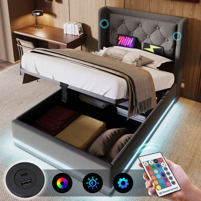 foto del prodotto letti contenitori in cotone, letti per adulti, idraulico, usb, led, 90x200 cm, grigio, senza materasso