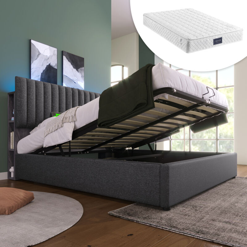 foto del prodotto letti contenitori letti matrimoniale per adulti, usb typ c e led, lino, grigio scuro, 140x200cm, materasso incluso