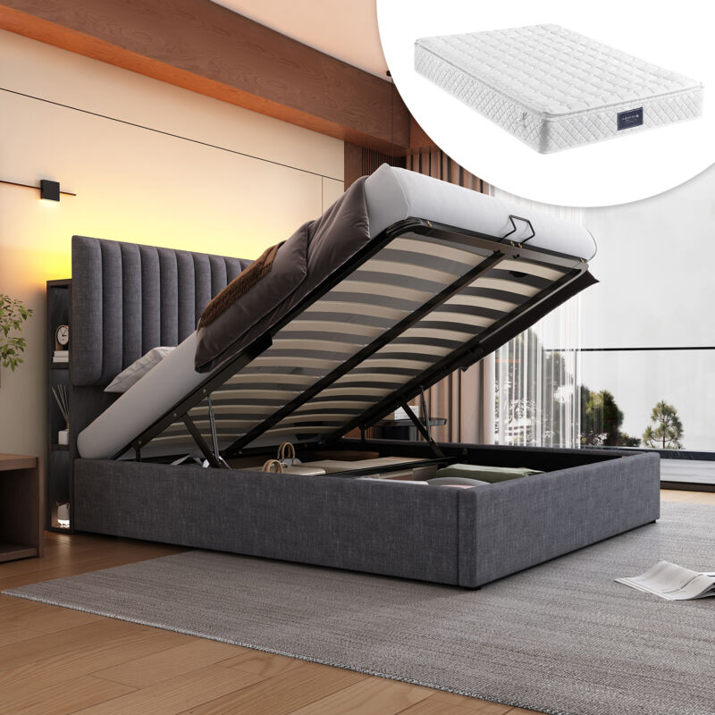foto del prodotto letti contenitori letti matrimoniale per adulti, usb typ c e led, lino, grigio scuro, 160x200cm, materasso incluso