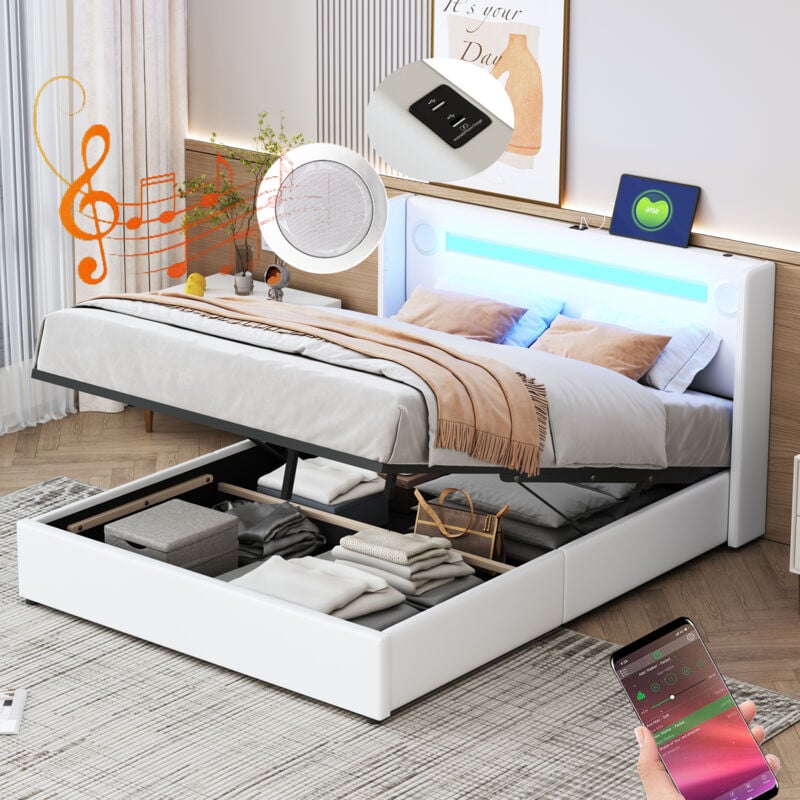foto del prodotto letti contenitori, letto adulto bambino, led, lettore bluetooth, usb, pu, senza materasso, letto matrimoniale 140x200cm, bianco