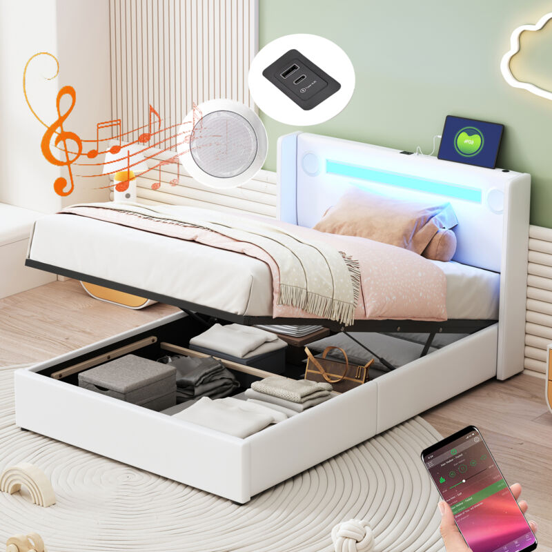 foto del prodotto letti contenitori, letto adulto bambino, led, lettore bluetooth, usb, pu, senza materasso, letto singolo 90x200cm, bianco