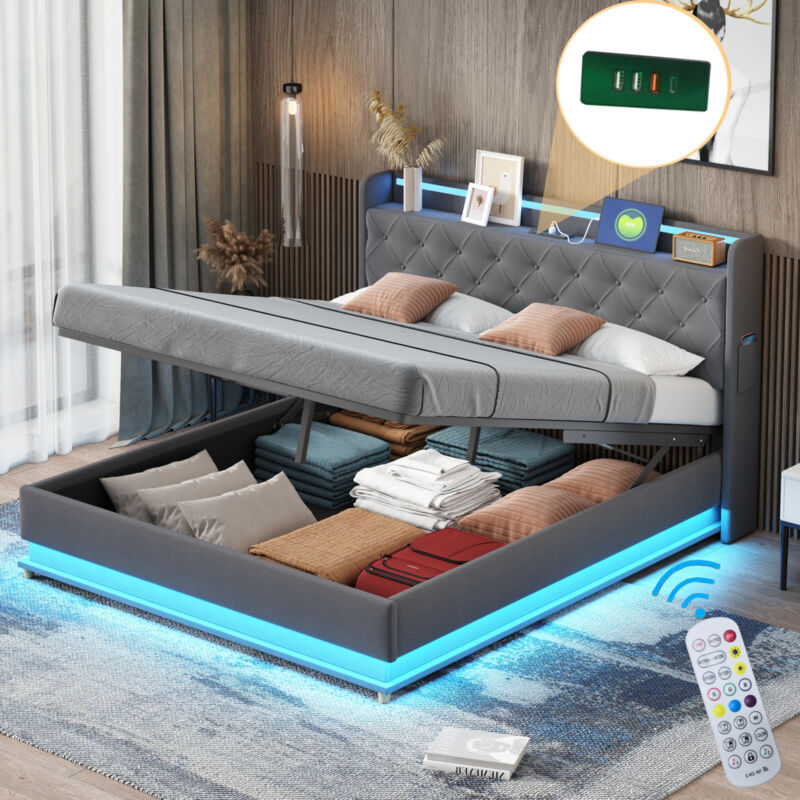 foto del prodotto letti contenitori, letto imbottito led, con porta di ricarica usb, 160x200 cm, lino, grigio