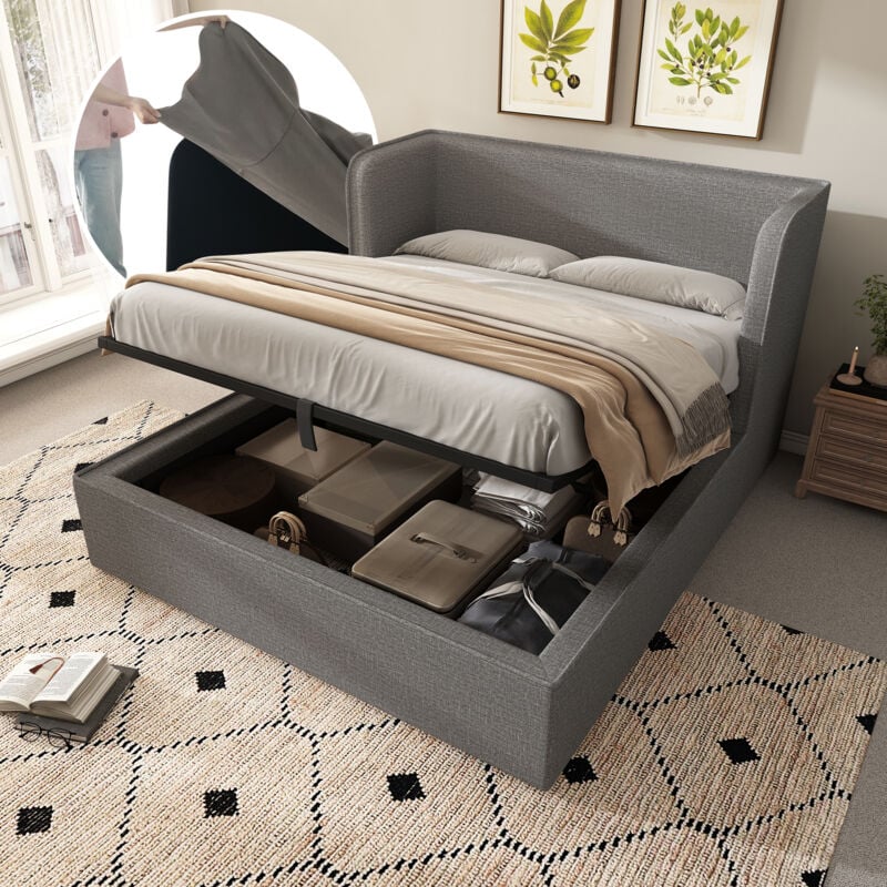 foto del prodotto letti contenitori, letto matrimoniale imbottito per adulti, rete a doghe, lino, senza materasso, grigio, 180 200 cm