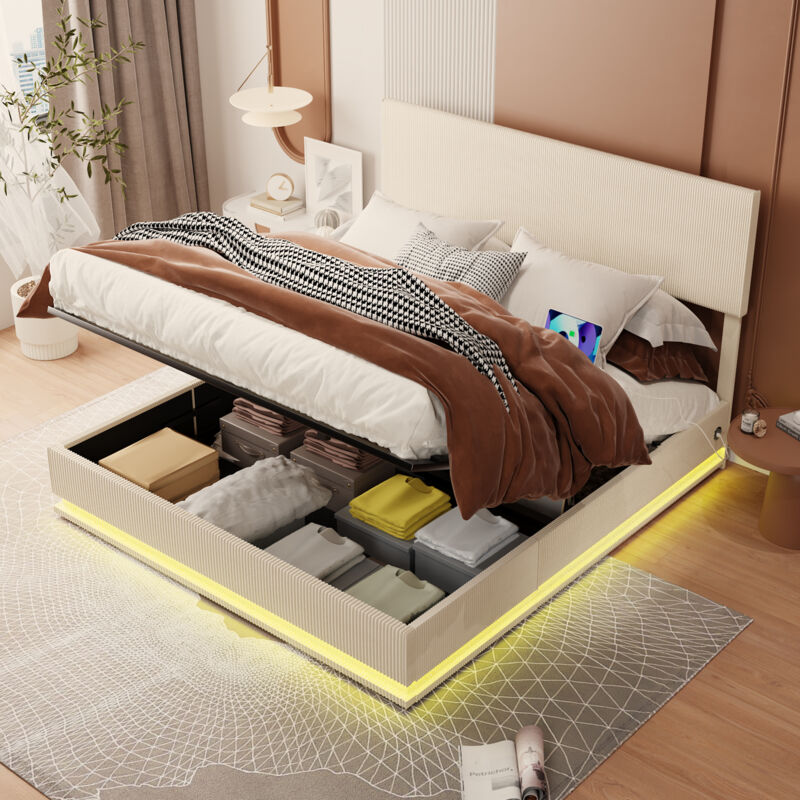 foto del prodotto letti contenitori, letto matrimoniale, led, usb, testiera regolabile in altezza, velluto, senza materasso, 140x200cm, beige