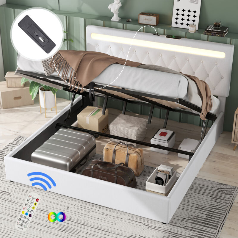 foto del prodotto letti contenitori, letto per adulti, led, telecomando, usb, presa type c, biancheria, senza materasso 180x200 cm, bianco