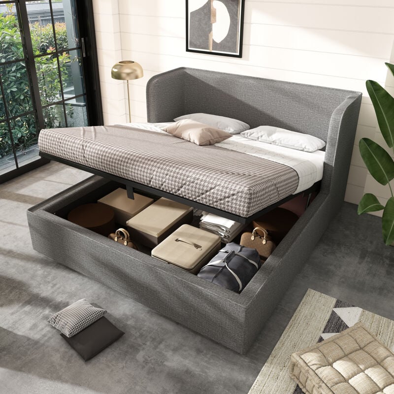 foto del prodotto letti contenitori, lino, idraulico, rete a doghe, letto matrimoniale, 160x200cm, senza materasso, grigio