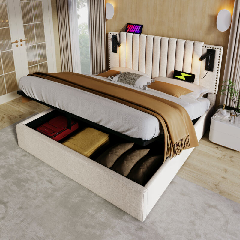 foto del prodotto letti contenitori matrimoniale per adulti 160x200cm con luce di lettura, design rivetto, rete a doghe, cotone, senza materasso, beige