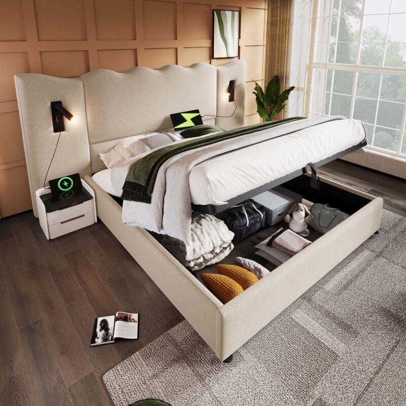 foto del prodotto letti contenitori matrimoniale per adulti 160x200cm, testiera allargata, con luce di lettura, usb e type c, lino, senza materasso, beige