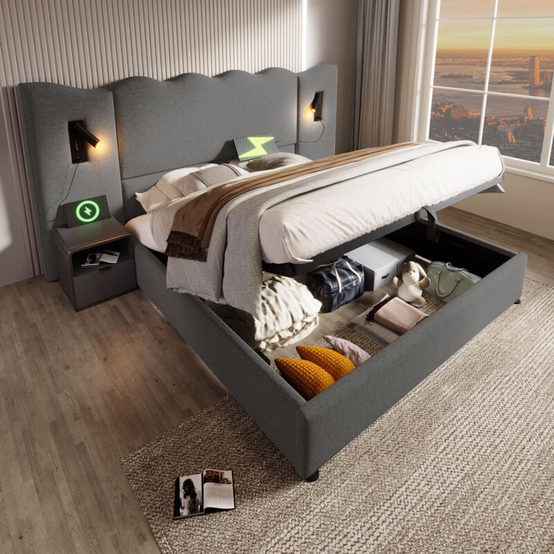 foto del prodotto letti contenitori matrimoniale per adulti 160x200cm, testiera allargata, con luce di lettura, usb e type c, lino, senza materasso, grigio