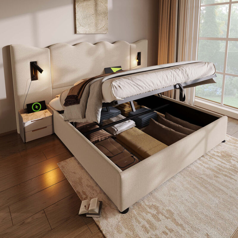 foto del prodotto letti contenitori matrimoniale per adulti 180x200cm, testiera allargata, con luce di lettura, usb e type c, lino, senza materasso, beige