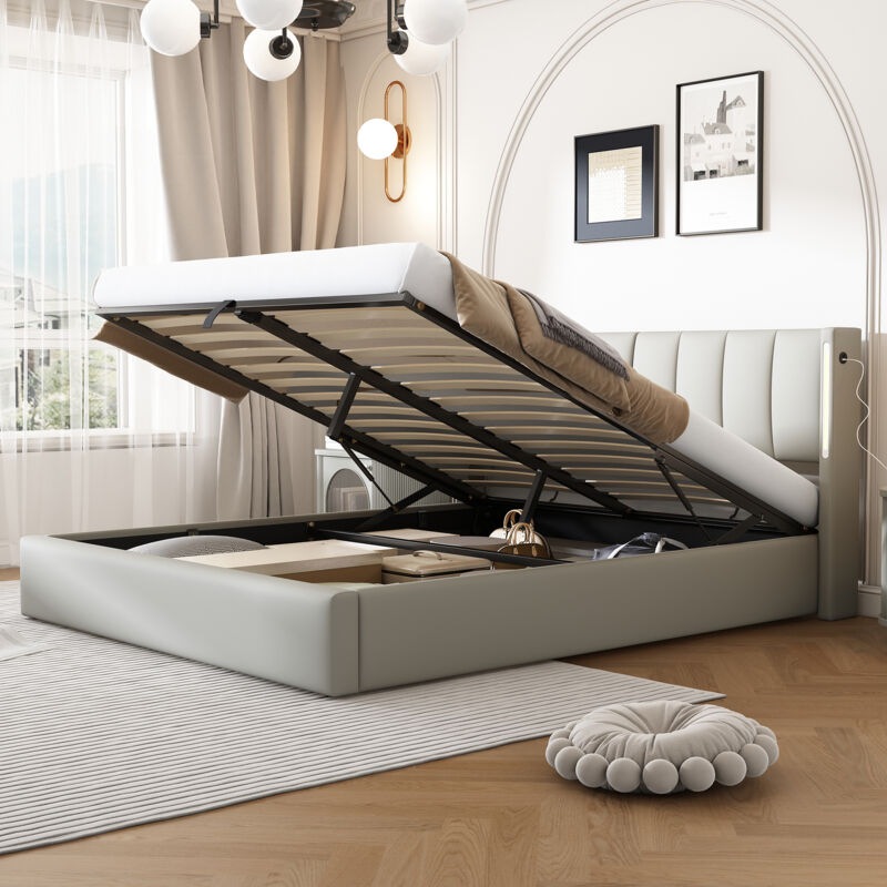 foto del prodotto letti contenitori matrimoniale per adulti bambini 140x190cm, testiera idraulica regolabile, usb, led, pu, senza materasso, grigio
