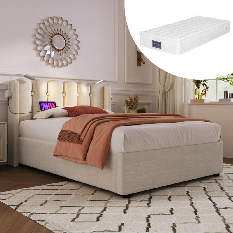 foto del prodotto letti contenitori per adulti bambini con luce di lettura, velluto, materasso incluso, singoli, 90x200cm, beige
