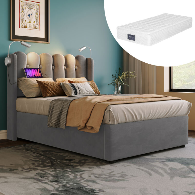 foto del prodotto letti contenitori per adulti bambini con luce di lettura, velluto, materasso incluso, singoli, 90x200cm, grigio