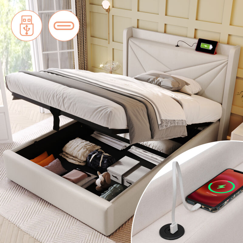 foto del prodotto letti contenitori per adulti bambini, rete a doghe, usb, senza materasso, 90x200cm, beige