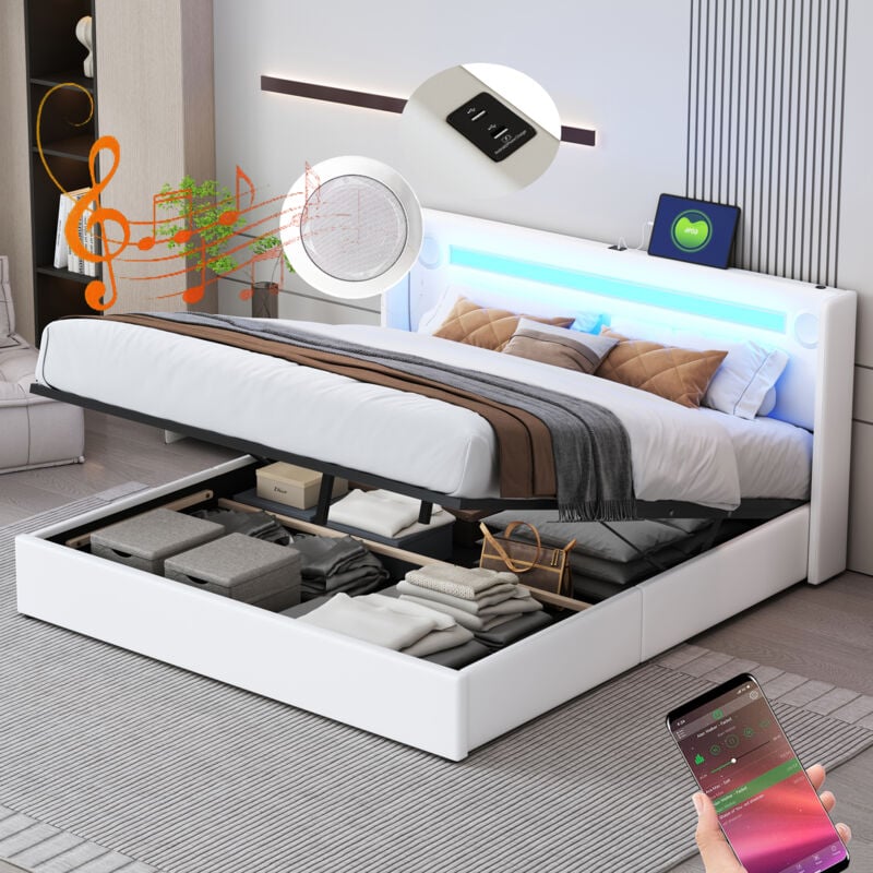 foto del prodotto letti contenitori per adulti, lettire bluetooth, usb, led, pu, senza materasso, bianco, 160x200 cm