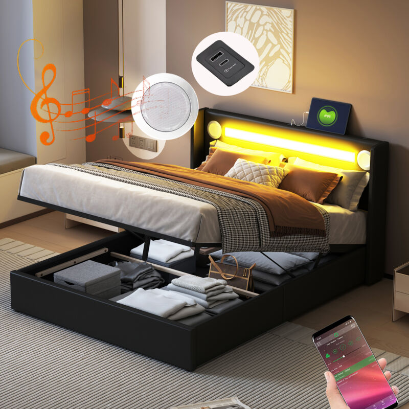 foto del prodotto letti contenitori per adulti, lettire bluetooth, usb, led, pu, senza materasso, nero, 140x200 cm