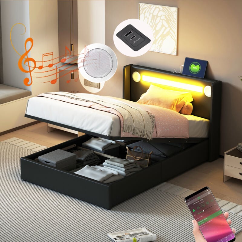 foto del prodotto letti contenitori per adulti, lettire bluetooth, usb, led, pu, senza materasso, nero, 90x200 cm