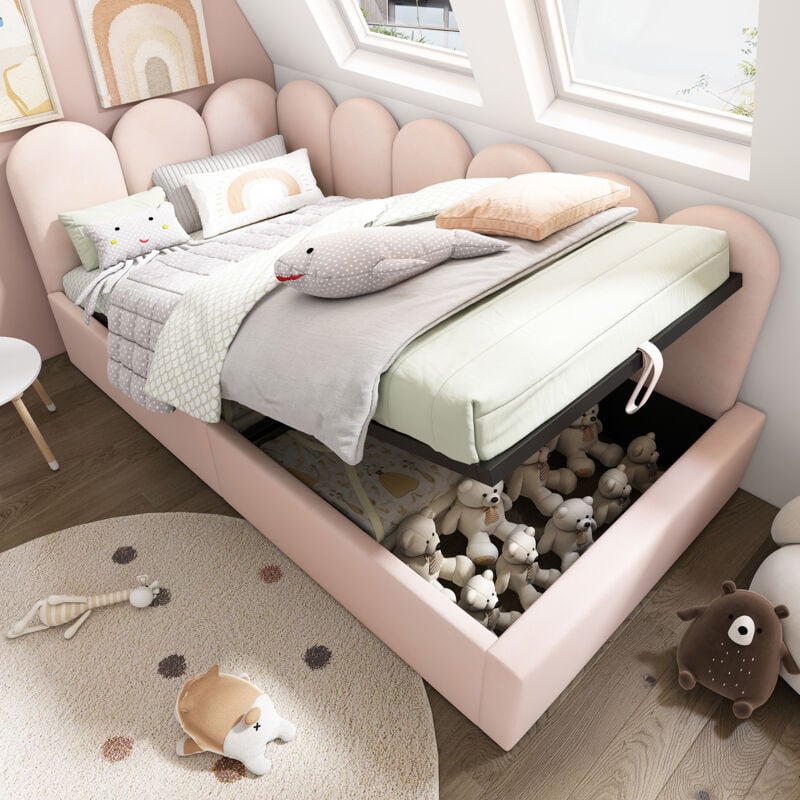 foto del prodotto letti contenitori singoli per bambini 90x190cm, divano letti, idraulico, rete a doghe, velluto, senza materasso, rosa