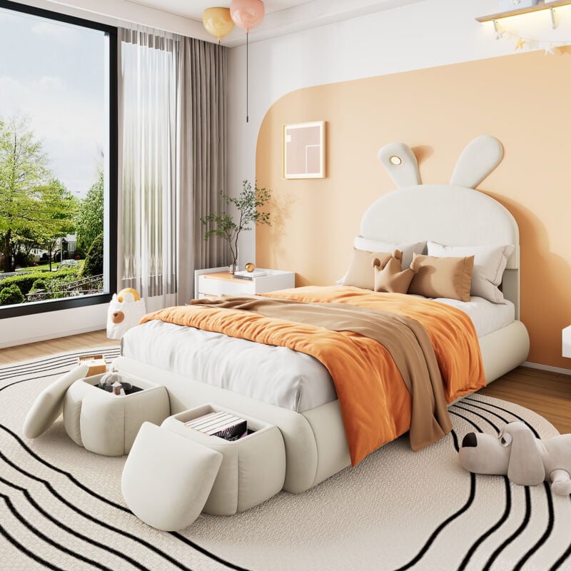 foto del prodotto letti contenitori singoli per bambini 90x200cm con 2 sgabelli contenitore, testiera a forma di coniglio, idraulico, led, velluto, senza materasso,