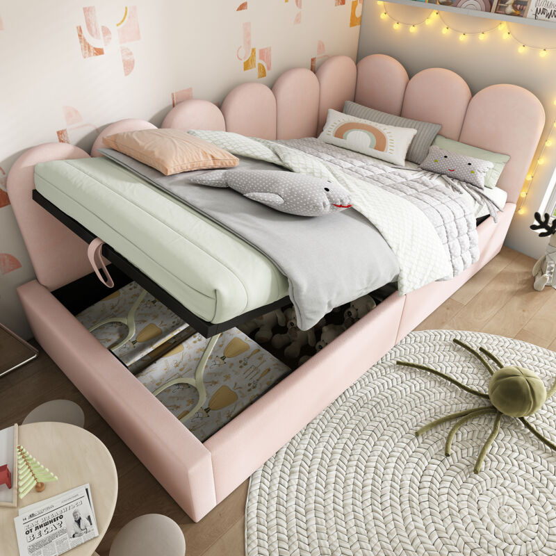 foto del prodotto letti contenitori singoli per bambini 90x200cm, divano letti, idraulico, rete a doghe, velluto, senza materasso, rosa